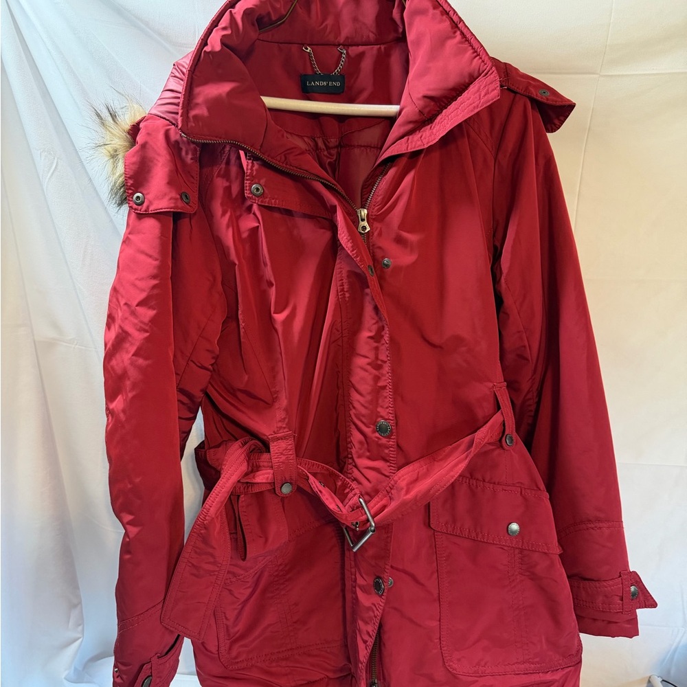 Lands' End Women's Red Ski Jacket with Fur Hood